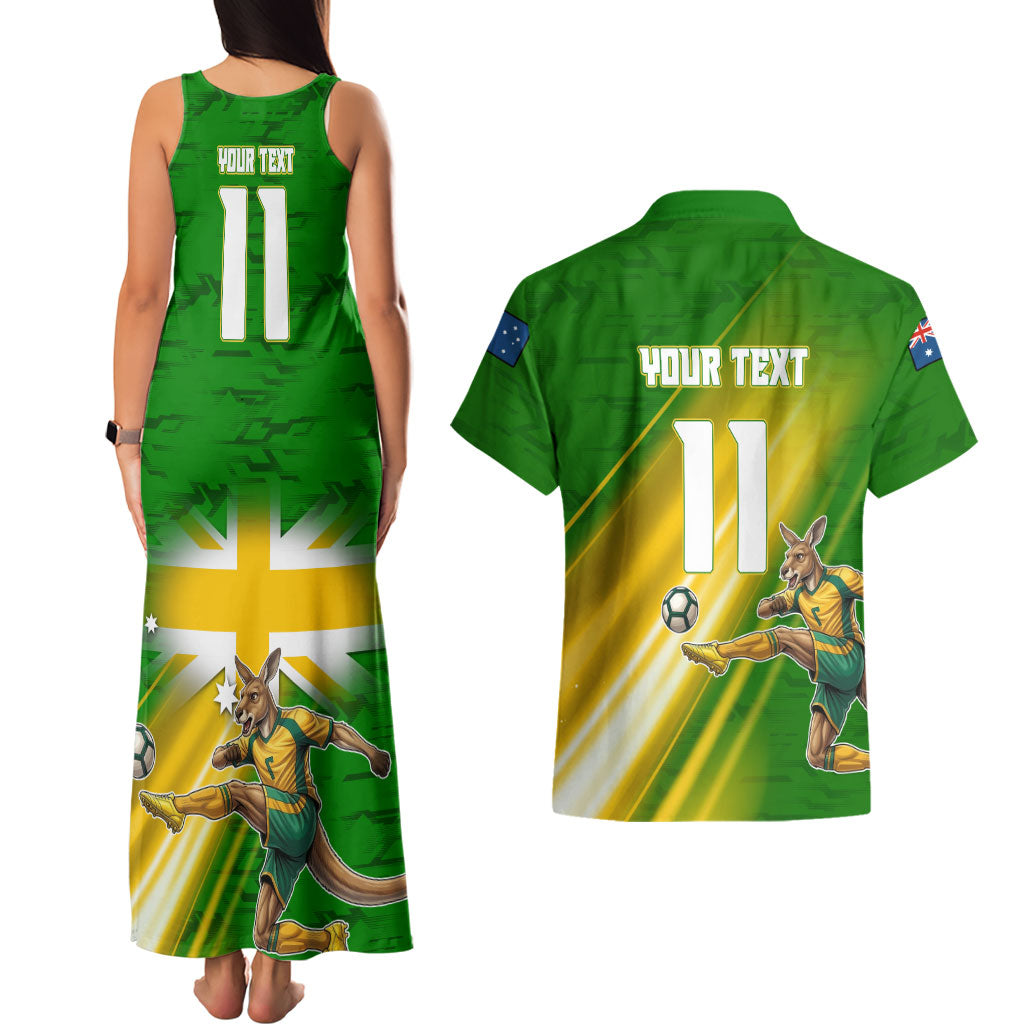 Personalized Australia Soccer Kangaroo Couples Matching Tank Maxi Dress and Hawaiian Shirt Dynamic Kick with Australian Flag Green Gold Sports Graphic