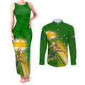 Personalized Australia Soccer Kangaroo Couples Matching Tank Maxi Dress and Long Sleeve Button Shirt Dynamic Kick with Australian Flag Green Gold Sports Graphic
