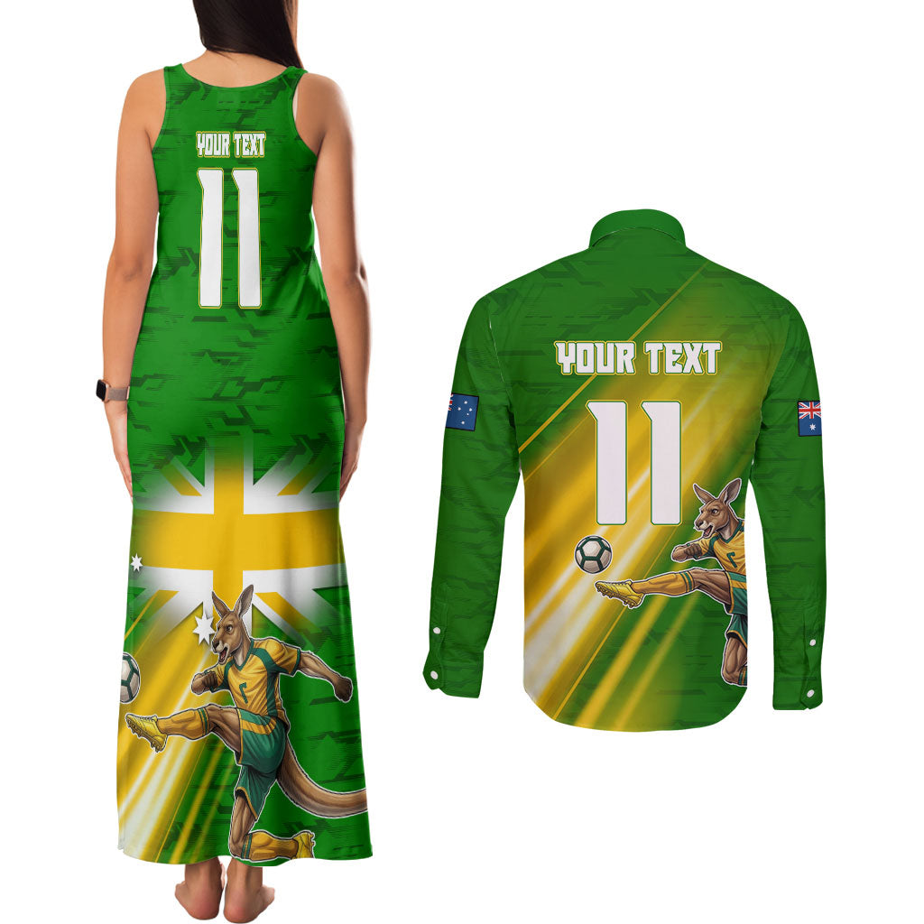 Personalized Australia Soccer Kangaroo Couples Matching Tank Maxi Dress and Long Sleeve Button Shirt Dynamic Kick with Australian Flag Green Gold Sports Graphic