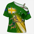 Personalized Australia Soccer Kangaroo Cross Shoulder Shirt Dynamic Kick with Australian Flag Green Gold Sports Graphic
