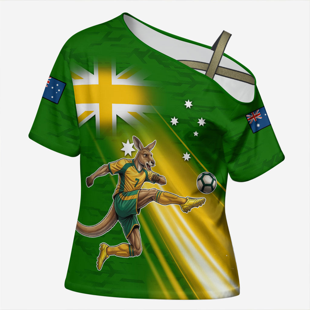 Personalized Australia Soccer Kangaroo Cross Shoulder Shirt Dynamic Kick with Australian Flag Green Gold Sports Graphic