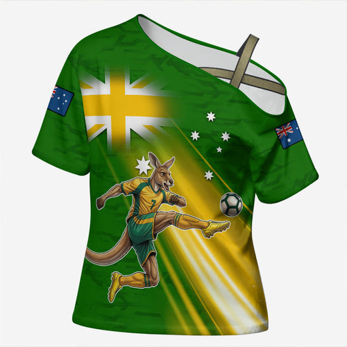Personalized Australia Soccer Kangaroo Cross Shoulder Shirt Dynamic Kick with Australian Flag Green Gold Sports Graphic