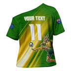 Personalized Australia Soccer Kangaroo Cross Shoulder Shirt Dynamic Kick with Australian Flag Green Gold Sports Graphic