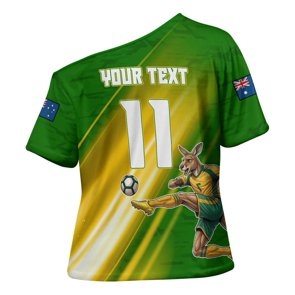 Personalized Australia Soccer Kangaroo Cross Shoulder Shirt Dynamic Kick with Australian Flag Green Gold Sports Graphic