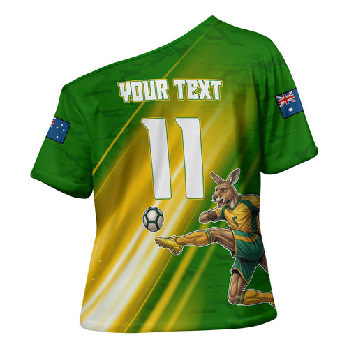 Personalized Australia Soccer Kangaroo Cross Shoulder Shirt Dynamic Kick with Australian Flag Green Gold Sports Graphic
