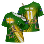 Personalized Australia Soccer Kangaroo Cross Shoulder Shirt Dynamic Kick with Australian Flag Green Gold Sports Graphic