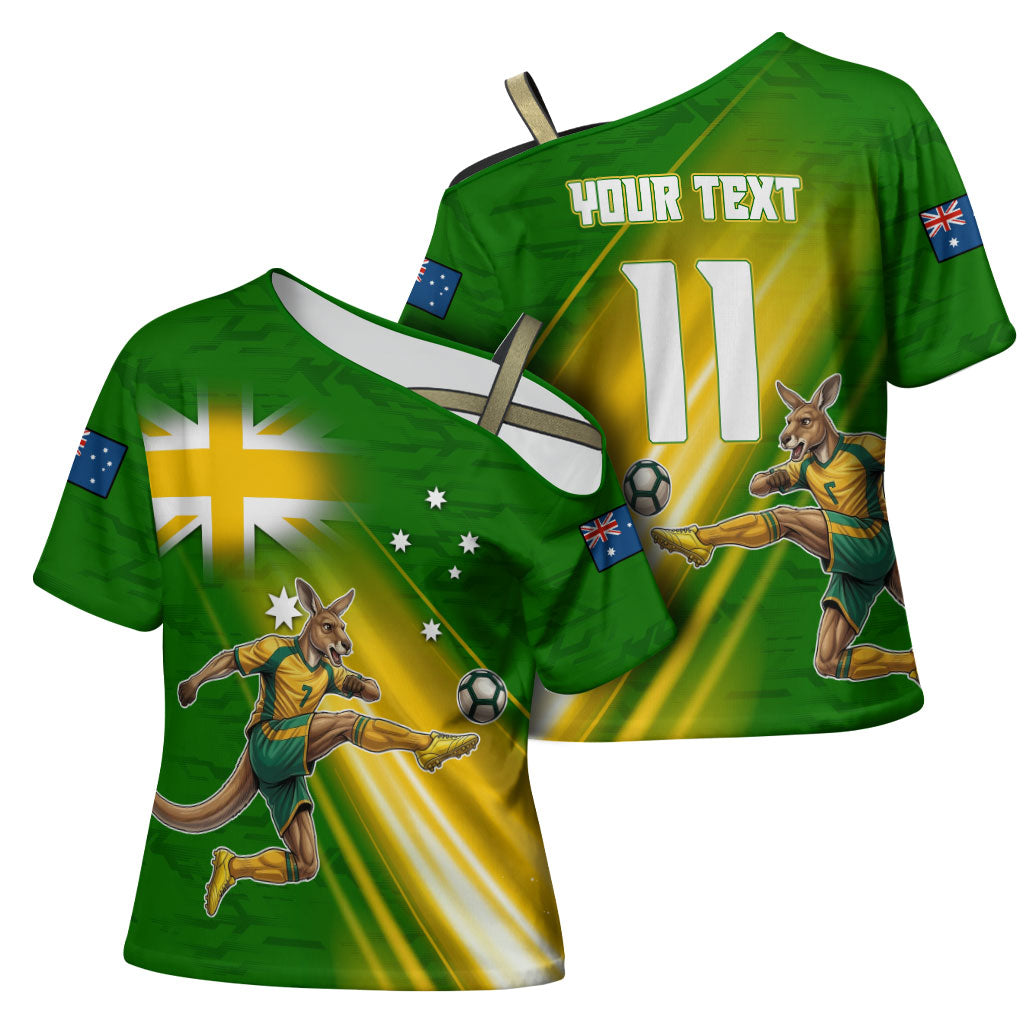 Personalized Australia Soccer Kangaroo Cross Shoulder Shirt Dynamic Kick with Australian Flag Green Gold Sports Graphic