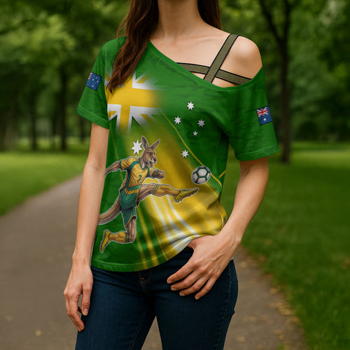 Personalized Australia Soccer Kangaroo Cross Shoulder Shirt Dynamic Kick with Australian Flag Green Gold Sports Graphic