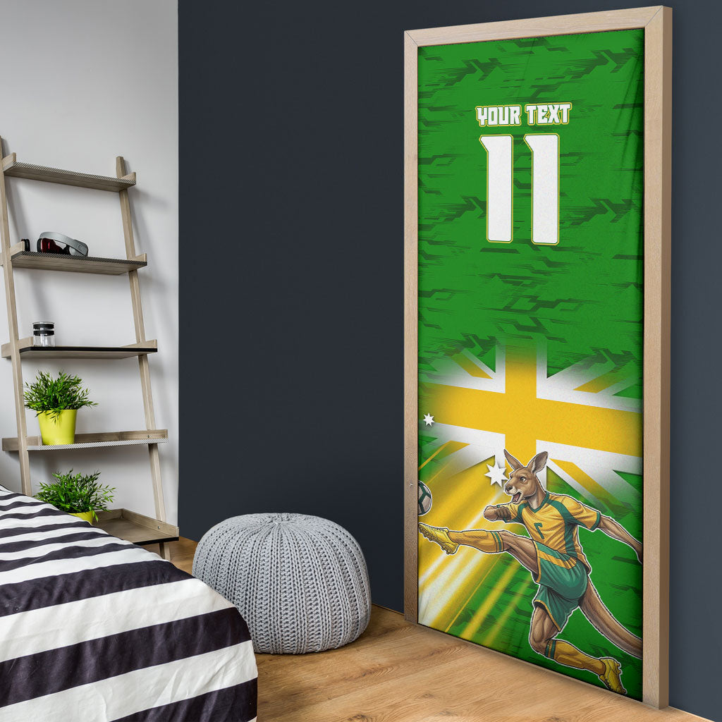 Personalized Australia Soccer Kangaroo Door Cover Dynamic Kick with Australian Flag Green Gold Sports Graphic
