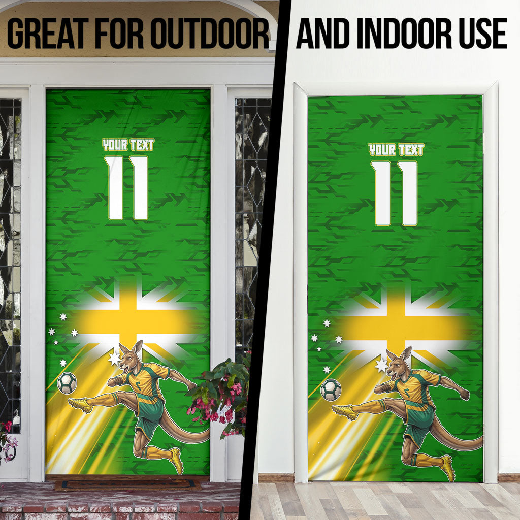 Personalized Australia Soccer Kangaroo Door Cover Dynamic Kick with Australian Flag Green Gold Sports Graphic