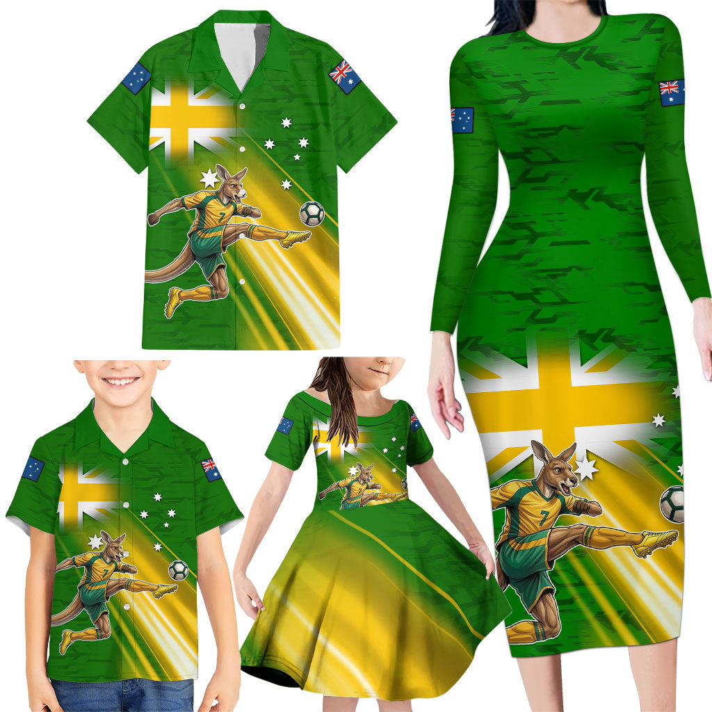 Personalized Australia Soccer Kangaroo Family Matching Long Sleeve Bodycon Dress and Hawaiian Shirt Dynamic Kick with Australian Flag Green Gold Sports Graphic