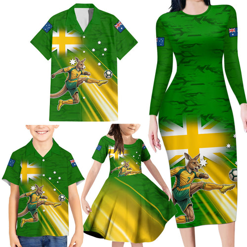 Personalized Australia Soccer Kangaroo Family Matching Long Sleeve Bodycon Dress and Hawaiian Shirt Dynamic Kick with Australian Flag Green Gold Sports Graphic