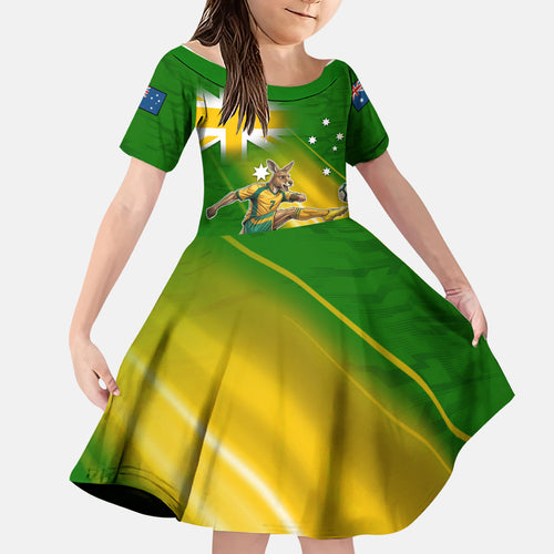 Personalized Australia Soccer Kangaroo Family Matching Long Sleeve Bodycon Dress and Hawaiian Shirt Dynamic Kick with Australian Flag Green Gold Sports Graphic