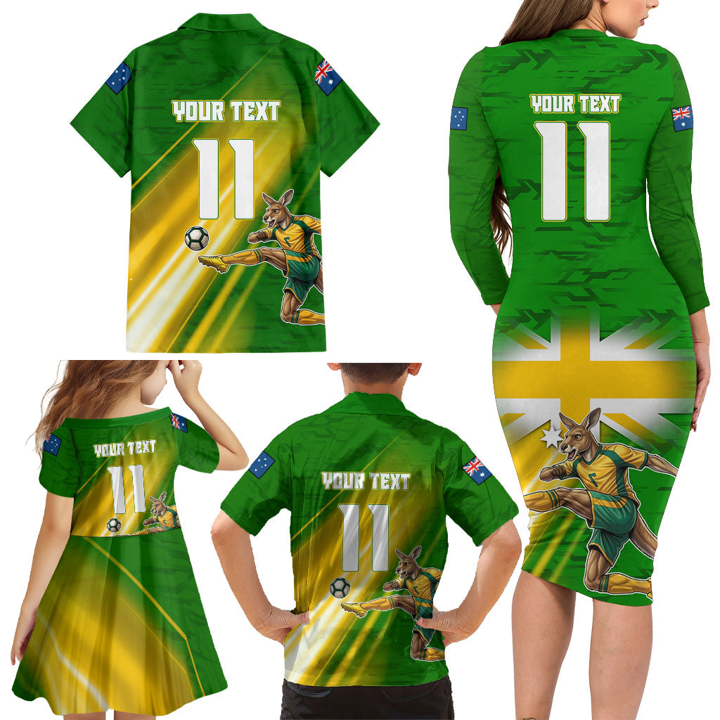 Personalized Australia Soccer Kangaroo Family Matching Long Sleeve Bodycon Dress and Hawaiian Shirt Dynamic Kick with Australian Flag Green Gold Sports Graphic
