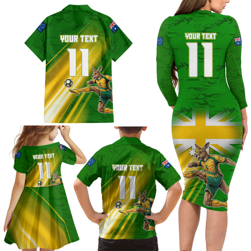 Personalized Australia Soccer Kangaroo Family Matching Long Sleeve Bodycon Dress and Hawaiian Shirt Dynamic Kick with Australian Flag Green Gold Sports Graphic
