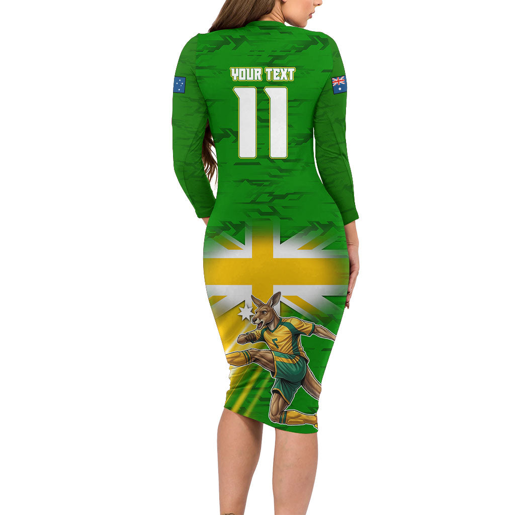 Personalized Australia Soccer Kangaroo Family Matching Long Sleeve Bodycon Dress and Hawaiian Shirt Dynamic Kick with Australian Flag Green Gold Sports Graphic