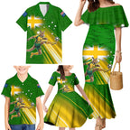Personalized Australia Soccer Kangaroo Family Matching Mermaid Dress and Hawaiian Shirt Dynamic Kick with Australian Flag Green Gold Sports Graphic