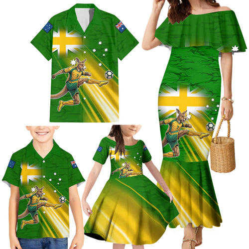 Personalized Australia Soccer Kangaroo Family Matching Mermaid Dress and Hawaiian Shirt Dynamic Kick with Australian Flag Green Gold Sports Graphic