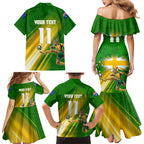Personalized Australia Soccer Kangaroo Family Matching Mermaid Dress and Hawaiian Shirt Dynamic Kick with Australian Flag Green Gold Sports Graphic