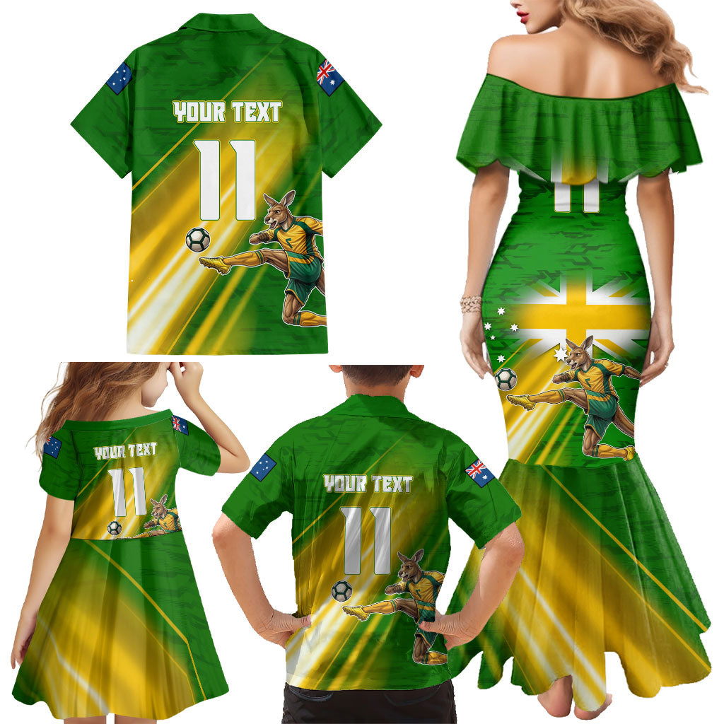 Personalized Australia Soccer Kangaroo Family Matching Mermaid Dress and Hawaiian Shirt Dynamic Kick with Australian Flag Green Gold Sports Graphic