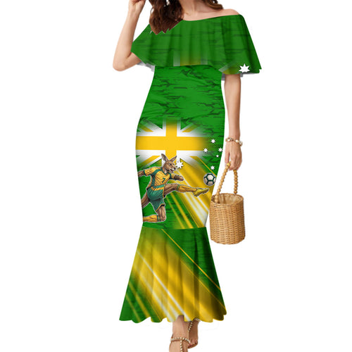 Personalized Australia Soccer Kangaroo Family Matching Mermaid Dress and Hawaiian Shirt Dynamic Kick with Australian Flag Green Gold Sports Graphic