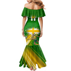 Personalized Australia Soccer Kangaroo Family Matching Mermaid Dress and Hawaiian Shirt Dynamic Kick with Australian Flag Green Gold Sports Graphic