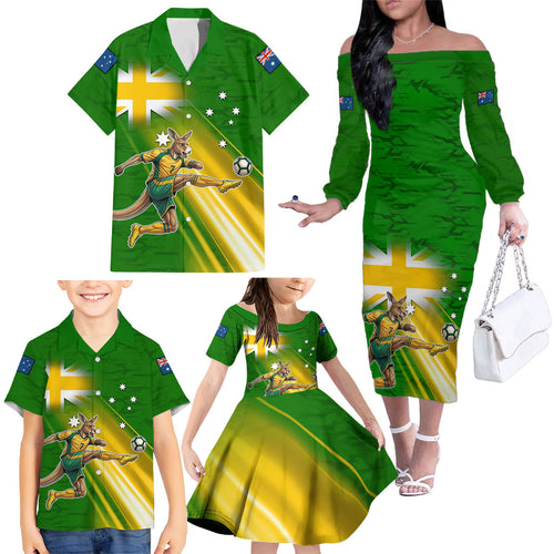 Personalized Australia Soccer Kangaroo Family Matching Off The Shoulder Long Sleeve Dress and Hawaiian Shirt Dynamic Kick with Australian Flag Green Gold Sports Graphic