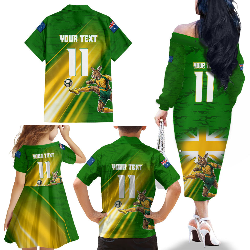 Personalized Australia Soccer Kangaroo Family Matching Off The Shoulder Long Sleeve Dress and Hawaiian Shirt Dynamic Kick with Australian Flag Green Gold Sports Graphic