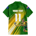 Personalized Australia Soccer Kangaroo Family Matching Off The Shoulder Long Sleeve Dress and Hawaiian Shirt Dynamic Kick with Australian Flag Green Gold Sports Graphic