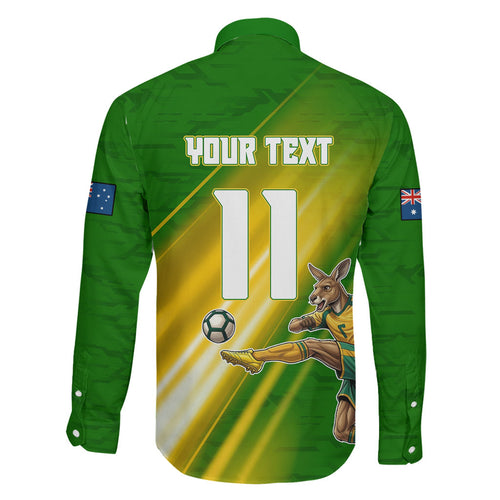 Personalized Australia Soccer Kangaroo Family Matching Off The Shoulder Long Sleeve Dress and Hawaiian Shirt Dynamic Kick with Australian Flag Green Gold Sports Graphic