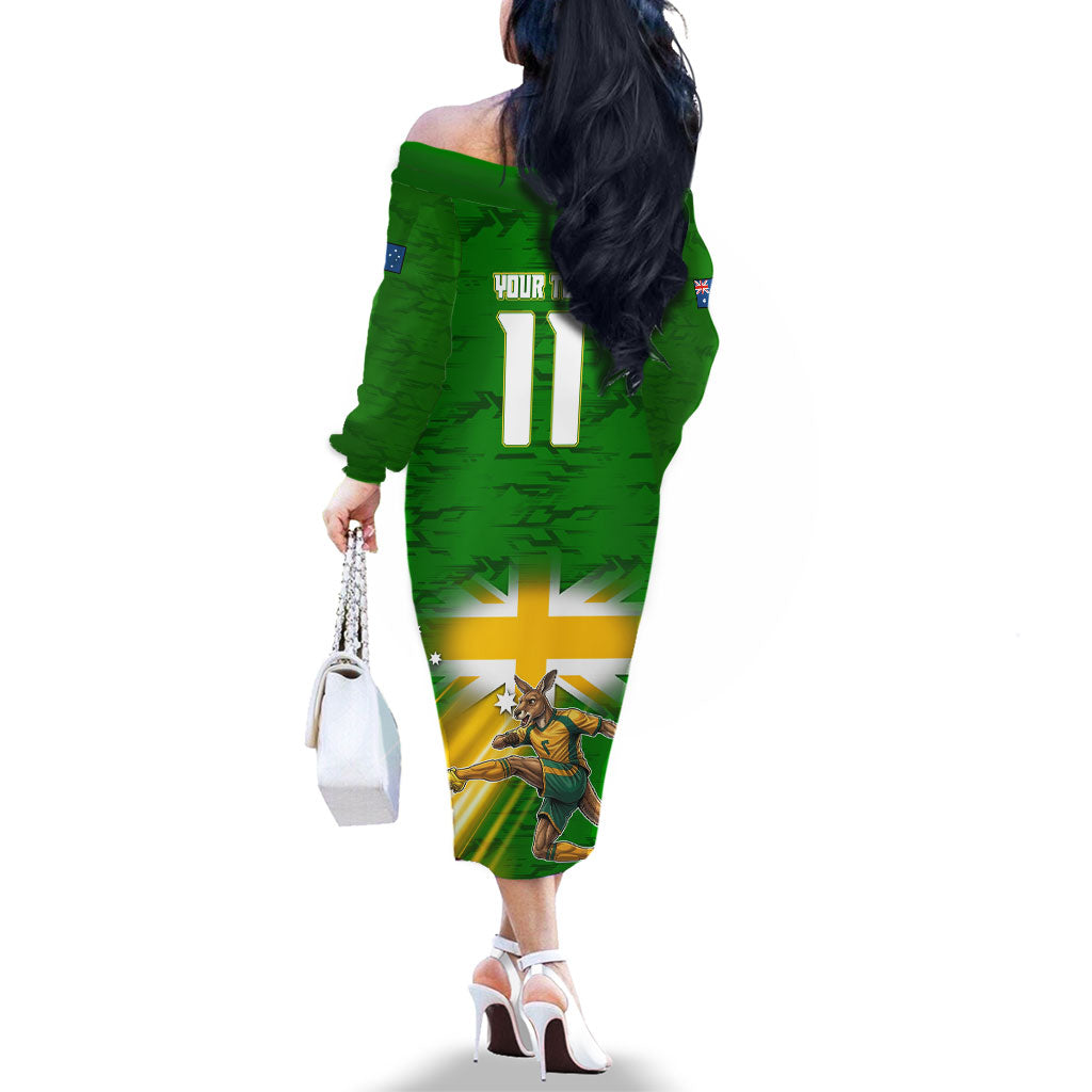 Personalized Australia Soccer Kangaroo Family Matching Off The Shoulder Long Sleeve Dress and Hawaiian Shirt Dynamic Kick with Australian Flag Green Gold Sports Graphic