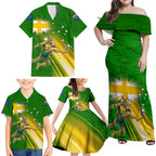 Personalized Australia Soccer Kangaroo Family Matching Off Shoulder Maxi Dress and Hawaiian Shirt Dynamic Kick with Australian Flag Green Gold Sports Graphic
