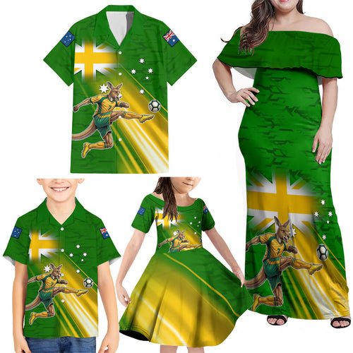 Personalized Australia Soccer Kangaroo Family Matching Off Shoulder Maxi Dress and Hawaiian Shirt Dynamic Kick with Australian Flag Green Gold Sports Graphic
