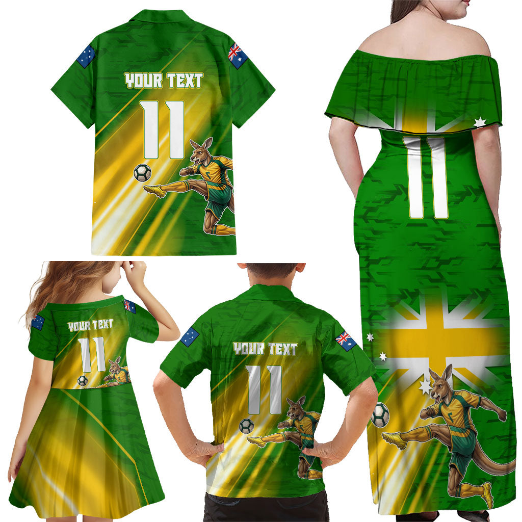 Personalized Australia Soccer Kangaroo Family Matching Off Shoulder Maxi Dress and Hawaiian Shirt Dynamic Kick with Australian Flag Green Gold Sports Graphic