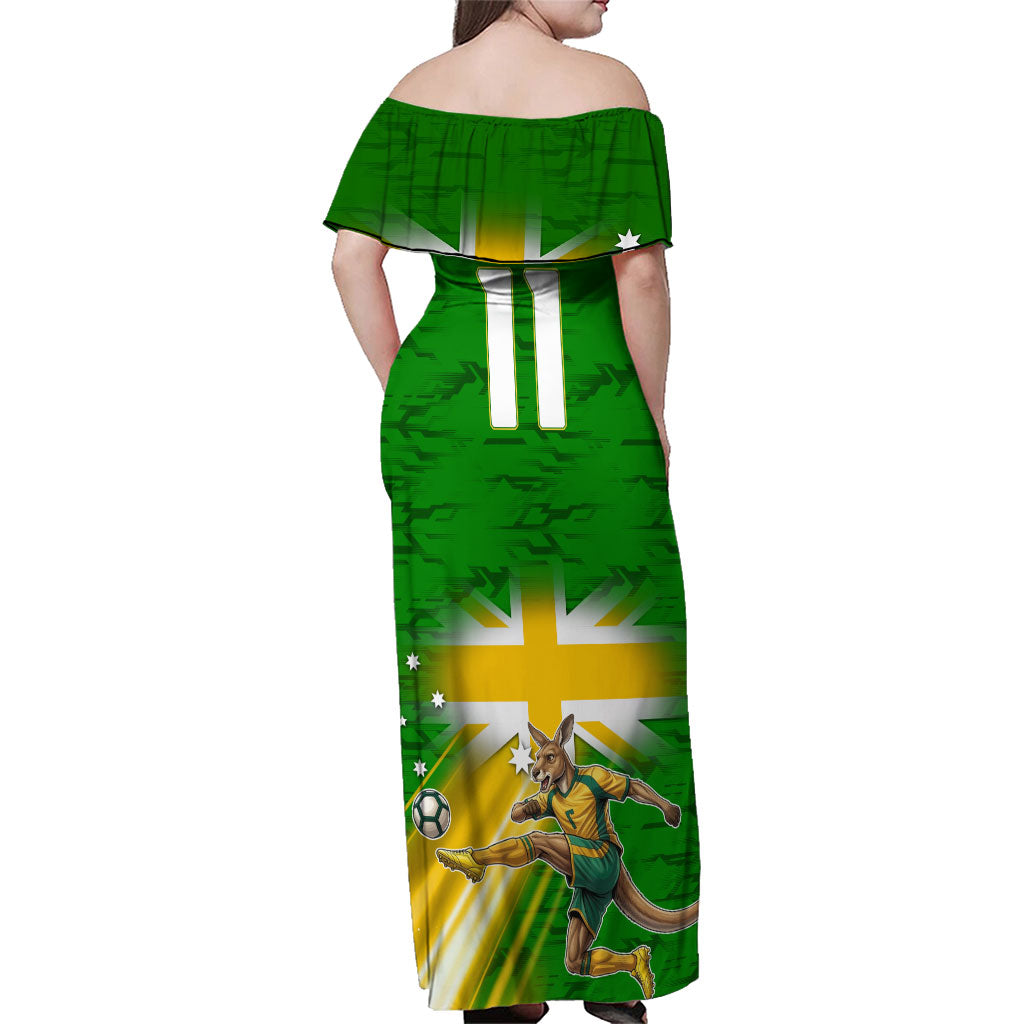 Personalized Australia Soccer Kangaroo Family Matching Off Shoulder Maxi Dress and Hawaiian Shirt Dynamic Kick with Australian Flag Green Gold Sports Graphic