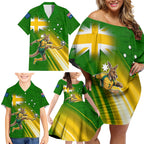 Personalized Australia Soccer Kangaroo Family Matching Off Shoulder Short Dress and Hawaiian Shirt Dynamic Kick with Australian Flag Green Gold Sports Graphic