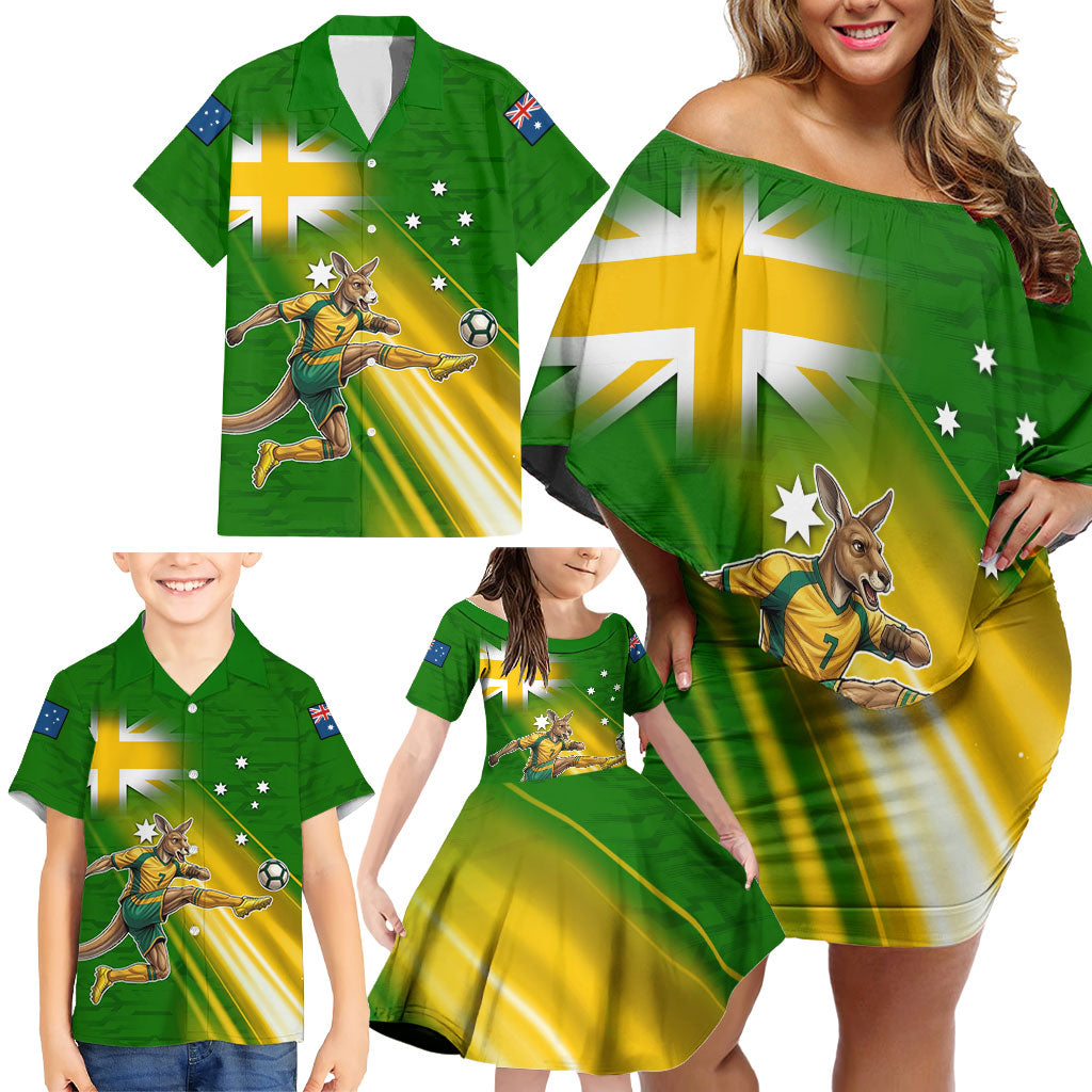 Personalized Australia Soccer Kangaroo Family Matching Off Shoulder Short Dress and Hawaiian Shirt Dynamic Kick with Australian Flag Green Gold Sports Graphic