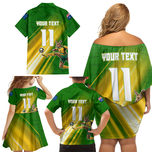 Personalized Australia Soccer Kangaroo Family Matching Off Shoulder Short Dress and Hawaiian Shirt Dynamic Kick with Australian Flag Green Gold Sports Graphic