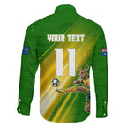 Personalized Australia Soccer Kangaroo Family Matching Off Shoulder Short Dress and Hawaiian Shirt Dynamic Kick with Australian Flag Green Gold Sports Graphic