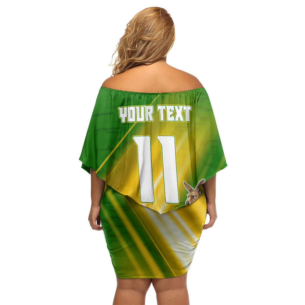 Personalized Australia Soccer Kangaroo Family Matching Off Shoulder Short Dress and Hawaiian Shirt Dynamic Kick with Australian Flag Green Gold Sports Graphic