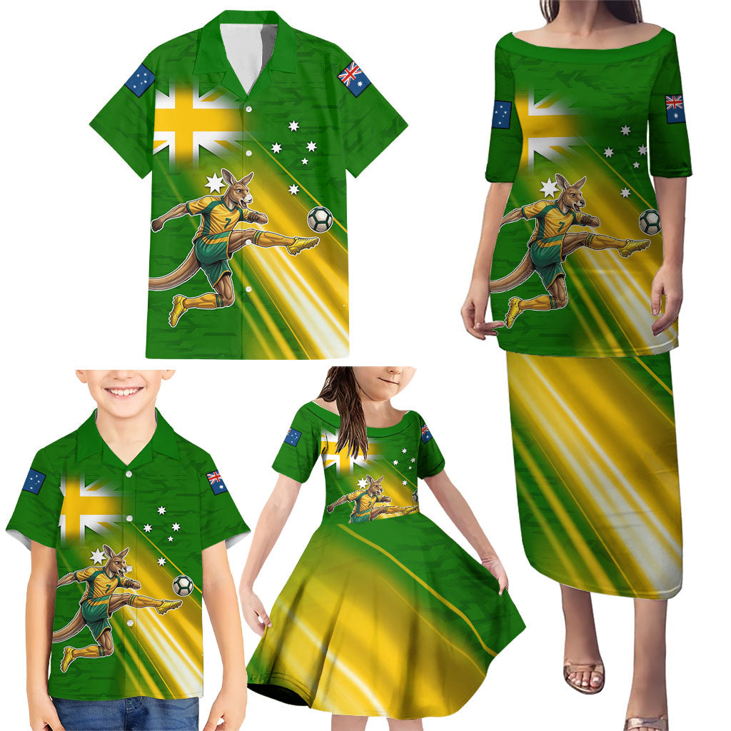 Personalized Australia Soccer Kangaroo Family Matching Puletasi and Hawaiian Shirt Dynamic Kick with Australian Flag Green Gold Sports Graphic