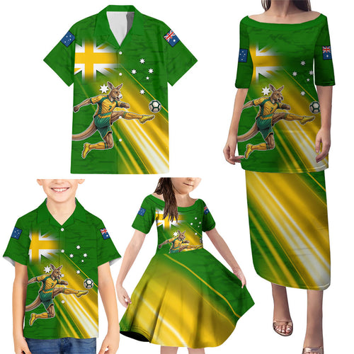Personalized Australia Soccer Kangaroo Family Matching Puletasi and Hawaiian Shirt Dynamic Kick with Australian Flag Green Gold Sports Graphic