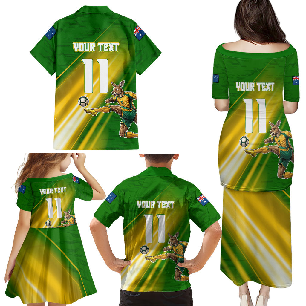 Personalized Australia Soccer Kangaroo Family Matching Puletasi and Hawaiian Shirt Dynamic Kick with Australian Flag Green Gold Sports Graphic