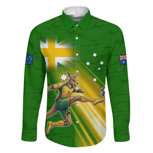 Personalized Australia Soccer Kangaroo Family Matching Puletasi and Hawaiian Shirt Dynamic Kick with Australian Flag Green Gold Sports Graphic