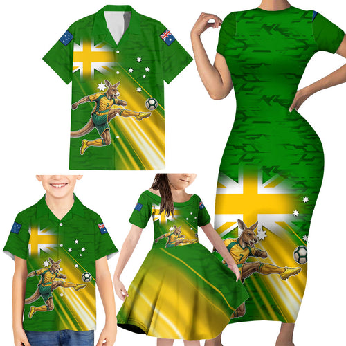 Personalized Australia Soccer Kangaroo Family Matching Short Sleeve Bodycon Dress and Hawaiian Shirt Dynamic Kick with Australian Flag Green Gold Sports Graphic
