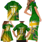 Personalized Australia Soccer Kangaroo Family Matching Short Sleeve Bodycon Dress and Hawaiian Shirt Dynamic Kick with Australian Flag Green Gold Sports Graphic
