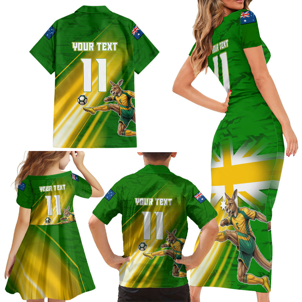 Personalized Australia Soccer Kangaroo Family Matching Short Sleeve Bodycon Dress and Hawaiian Shirt Dynamic Kick with Australian Flag Green Gold Sports Graphic
