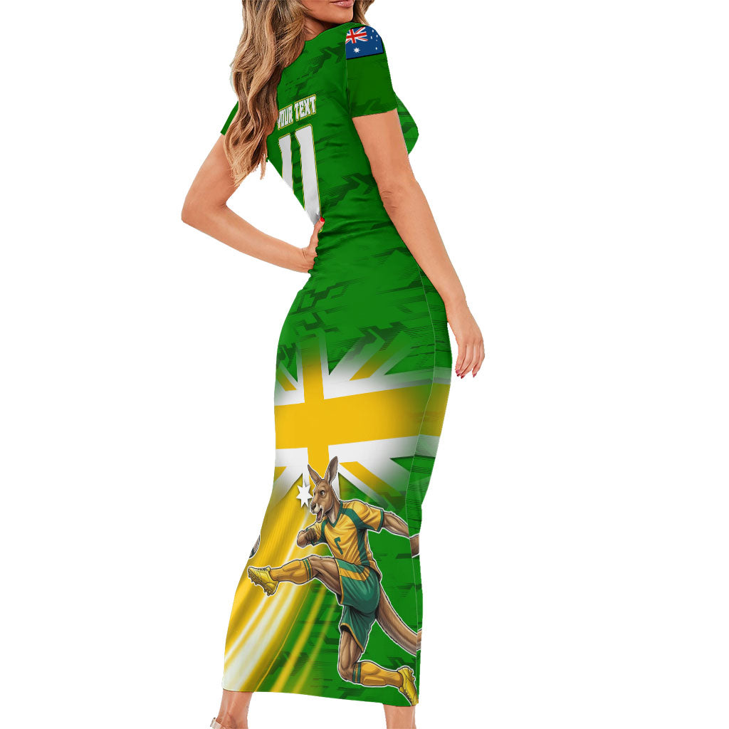 Personalized Australia Soccer Kangaroo Family Matching Short Sleeve Bodycon Dress and Hawaiian Shirt Dynamic Kick with Australian Flag Green Gold Sports Graphic
