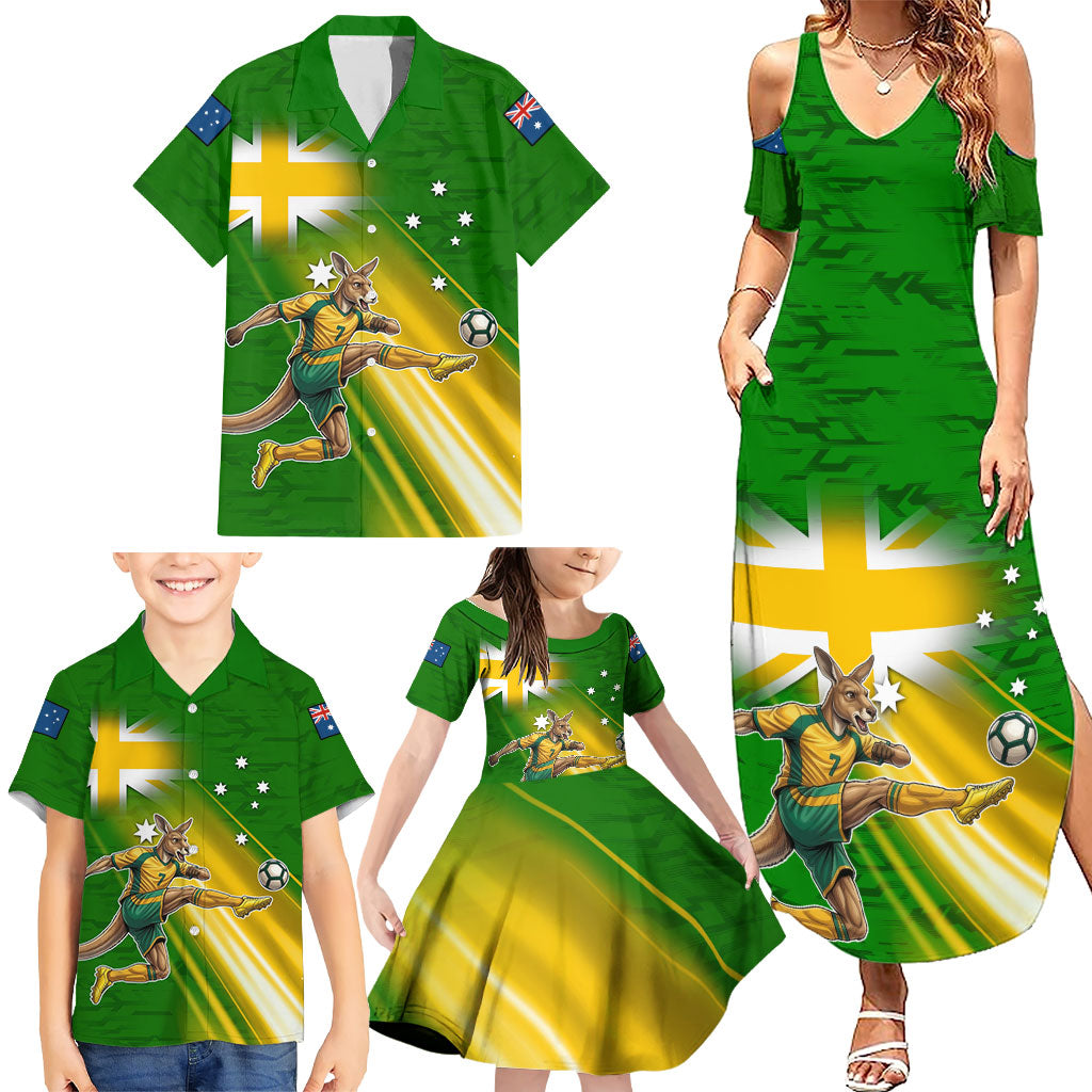Personalized Australia Soccer Kangaroo Family Matching Summer Maxi Dress and Hawaiian Shirt Dynamic Kick with Australian Flag Green Gold Sports Graphic