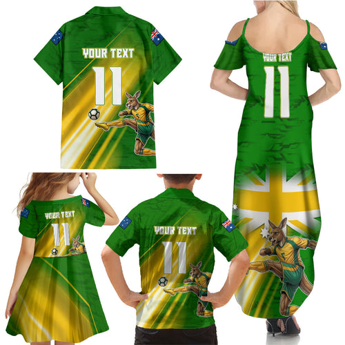 Personalized Australia Soccer Kangaroo Family Matching Summer Maxi Dress and Hawaiian Shirt Dynamic Kick with Australian Flag Green Gold Sports Graphic